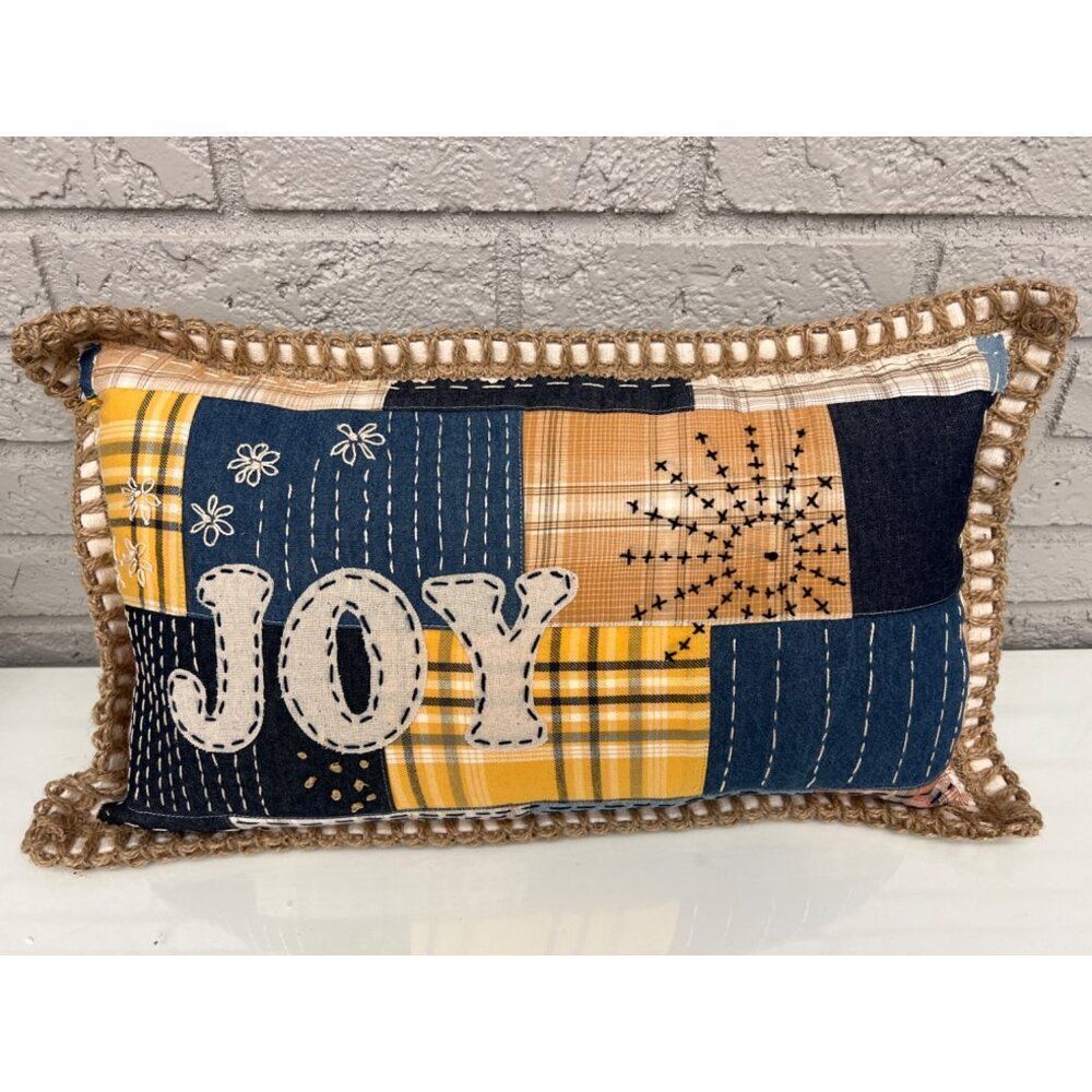 Blue, Yellow Tan Patchwork “Joy” Pillow